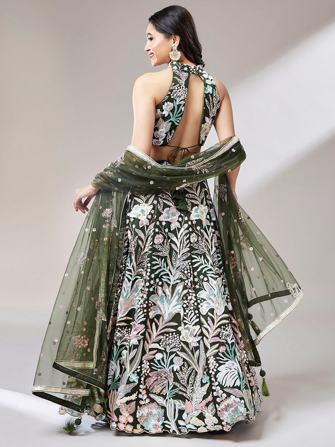 Olive Green Sequins Net Mehendi Wear Lehenga Choli
