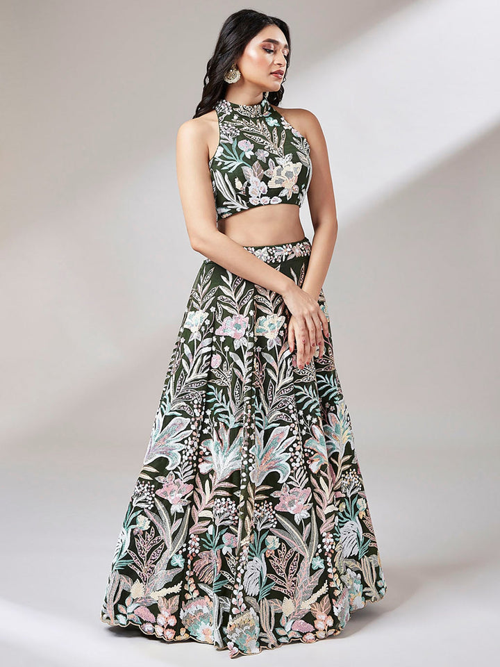 Olive Green Sequins Net Mehendi Wear Lehenga Choli