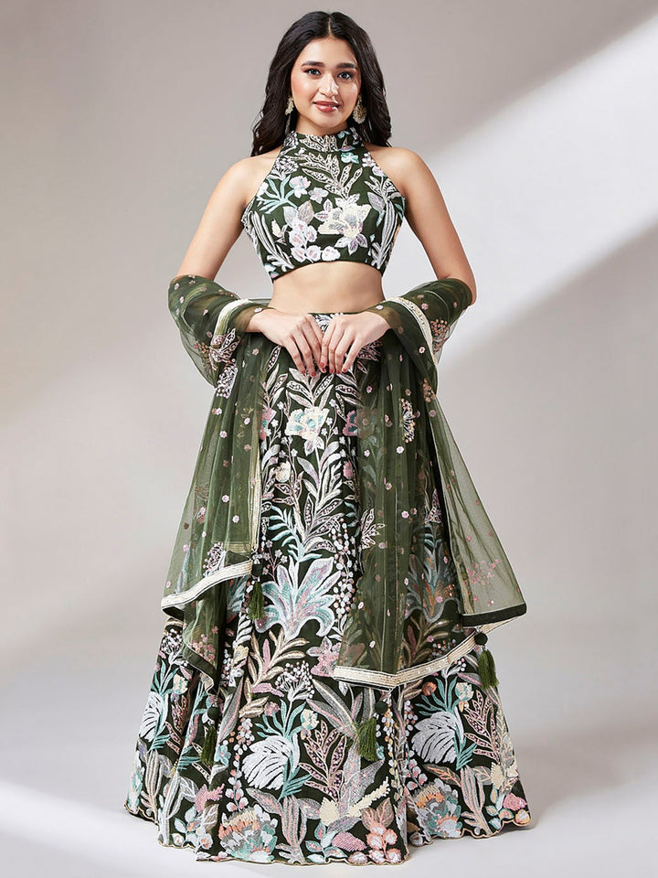 Olive Green Sequins Net Mehendi Wear Lehenga Choli