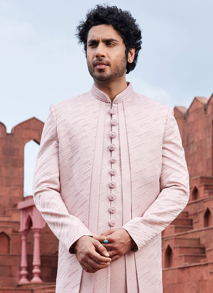 onion pink Art Silk Wedding Wear Embroidery Work 4 Pcs Jacket Set