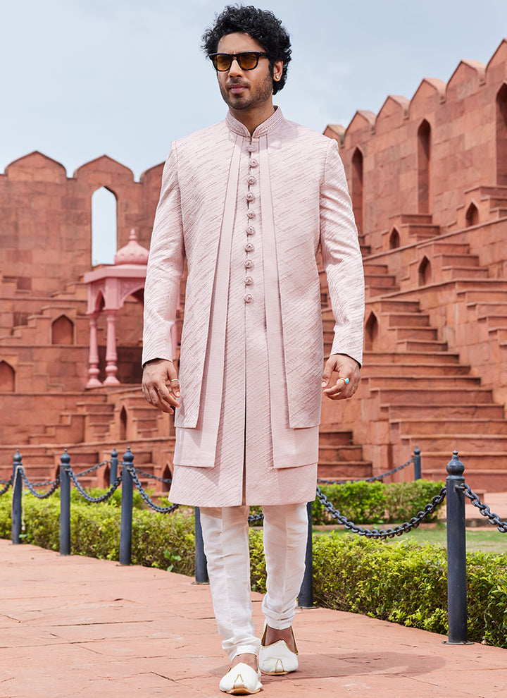 onion pink Art Silk Wedding Wear Embroidery Work 4 Pcs Jacket Set