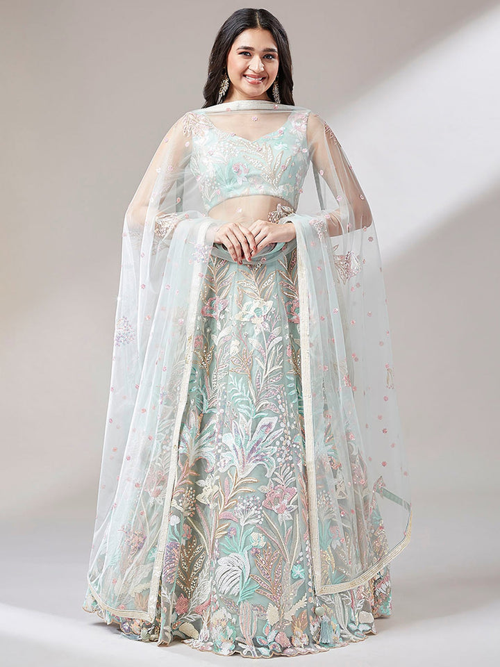 Pista Green Sequins Net Wedding Wear Lehenga Choli