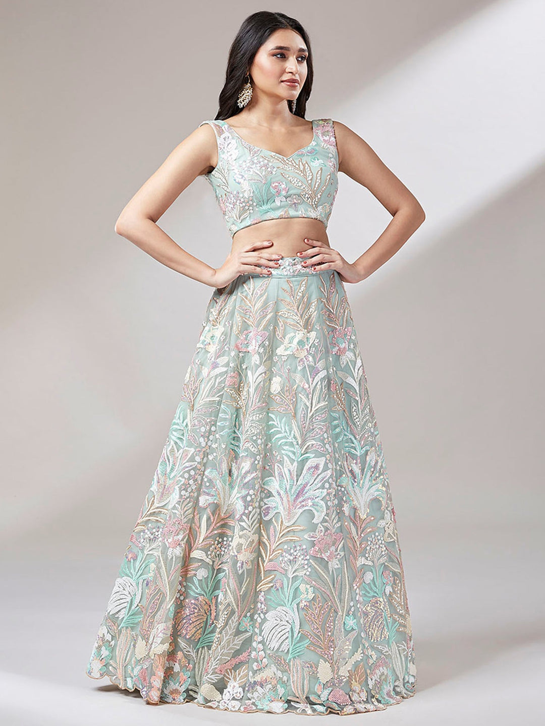 Pista Green Sequins Net Wedding Wear Lehenga Choli