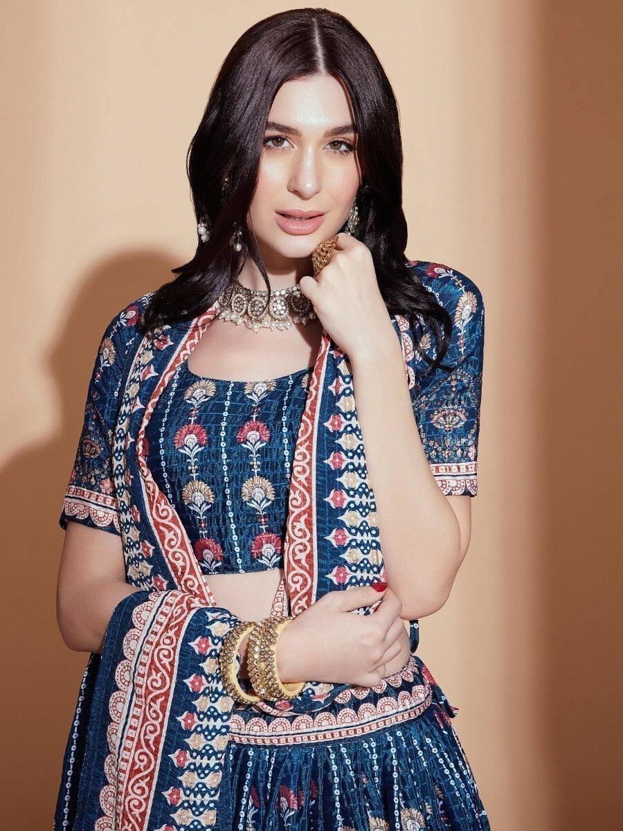 Alluring Blue Digital Print Chinon Engagement Wear Lehenga Choli