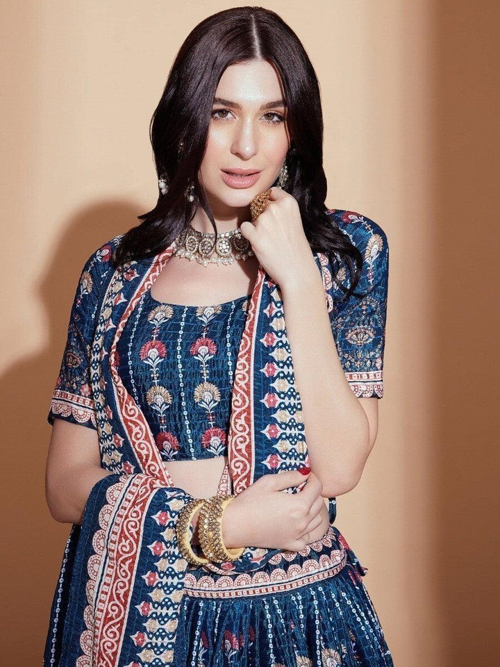 Alluring Blue Digital Print Chinon Engagement Wear Lehenga Choli