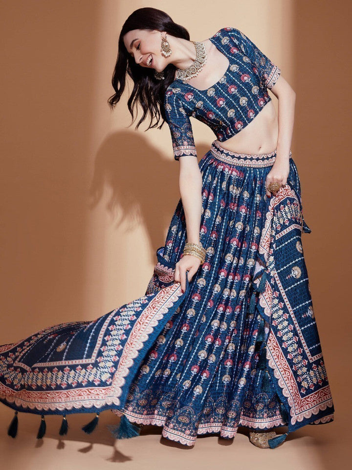 Blue Digital Print Chinon Engagement Wear Lehenga Choli