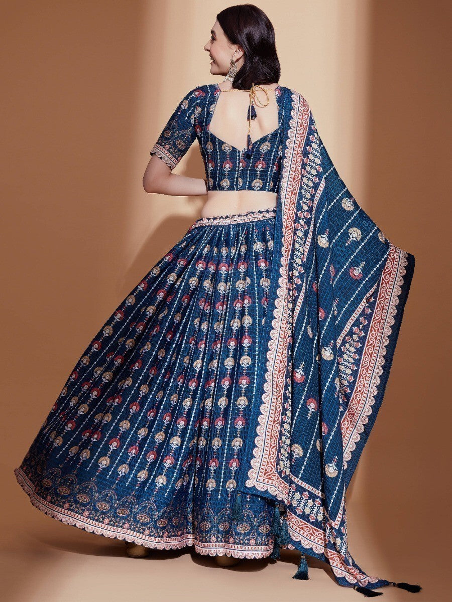 Alluring Blue Digital Print Chinon Engagement Wear Lehenga Choli