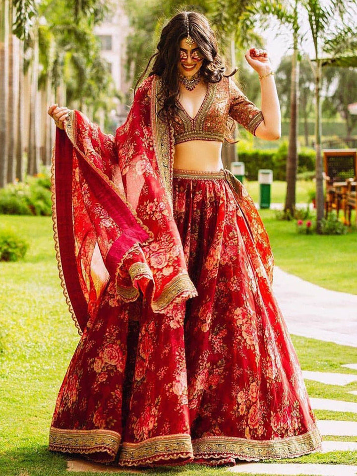 Maroon Floral Printed Organza Wedding Lehenga Choli