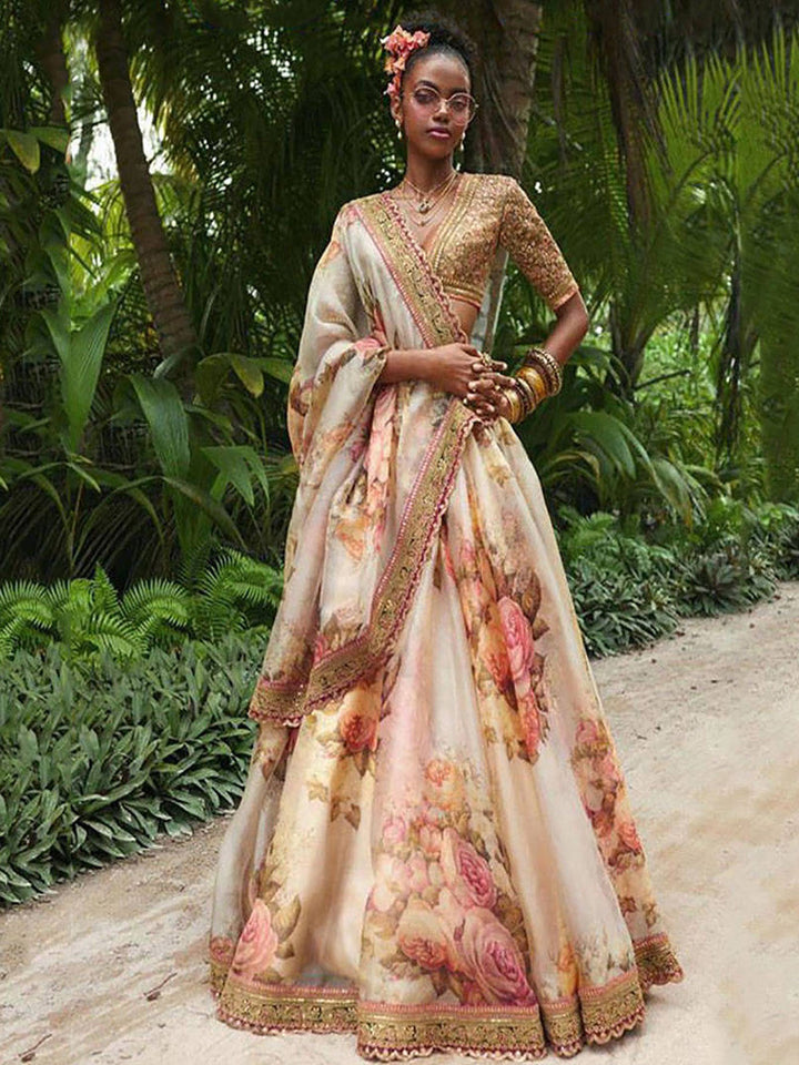 Off White Floral Printed Organza Wedding Wear Lehenga Choli