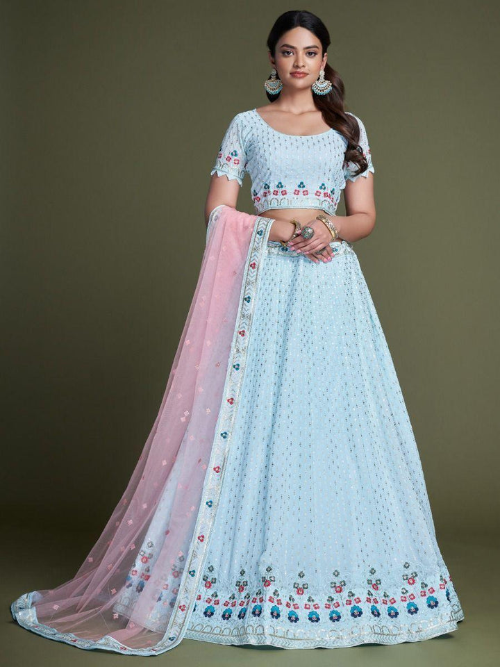 Sky Blue Embroidery Georgette Wedding Wear Lehenga Choli
