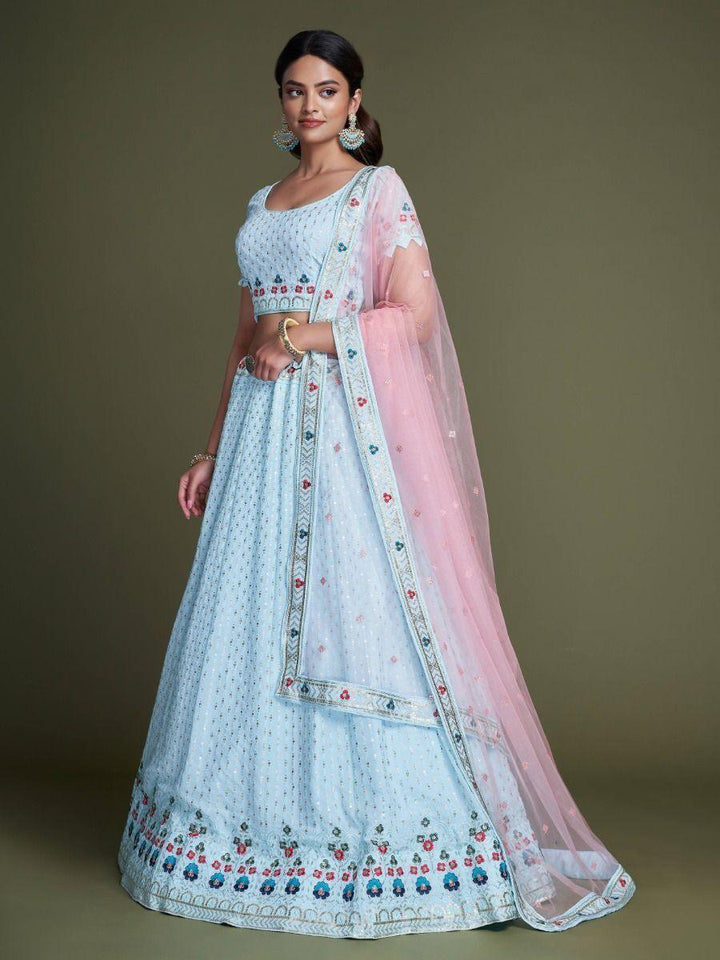 Sky Blue Embroidery Georgette Wedding Wear Lehenga Choli