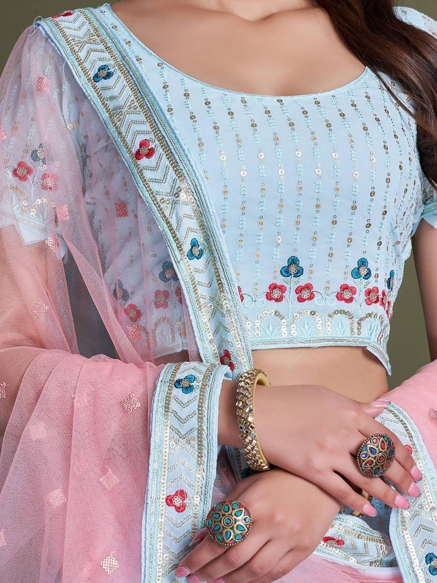 Sky Blue Embroidery Georgette Wedding Wear Lehenga Choli