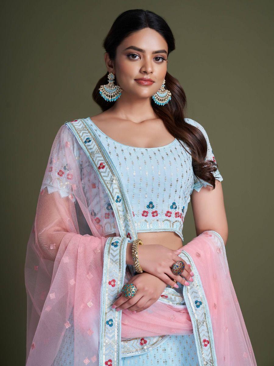 Sky Blue Embroidery Georgette Wedding Wear Lehenga Choli