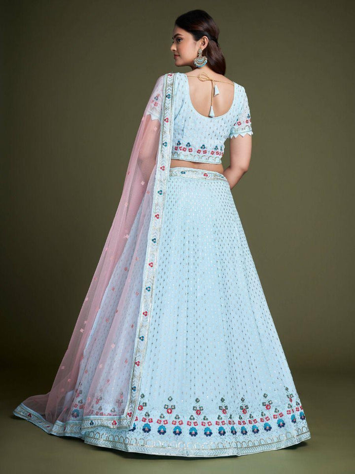 Sky Blue Embroidery Georgette Wedding Wear Lehenga Choli