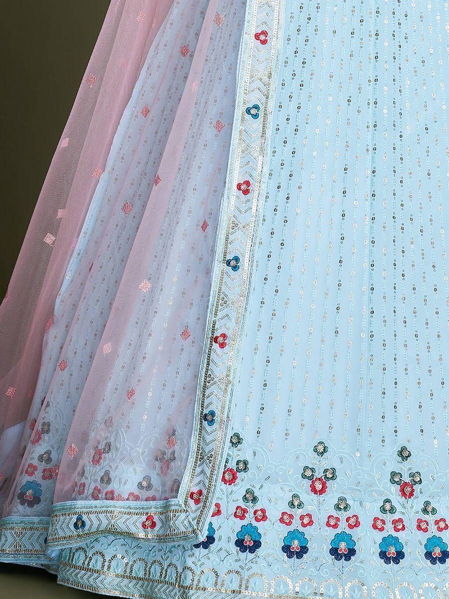 Sky Blue Embroidery Georgette Wedding Wear Lehenga Choli