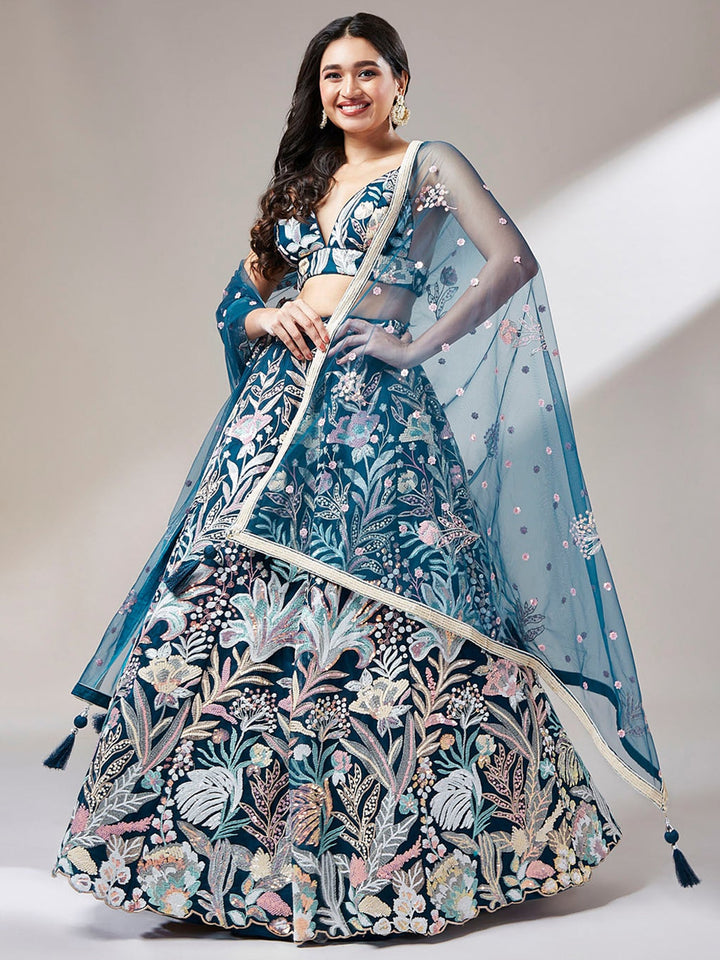 Teal Blue Sequins Net Designer Lehenga Choli With Dupatta