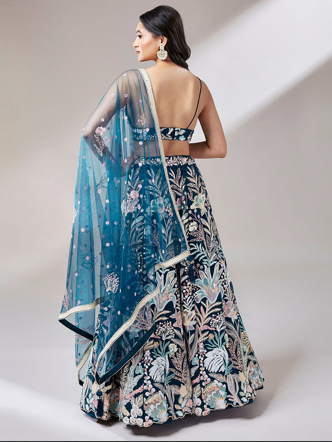 Teal Blue Sequins Net Designer Lehenga Choli With Dupatta