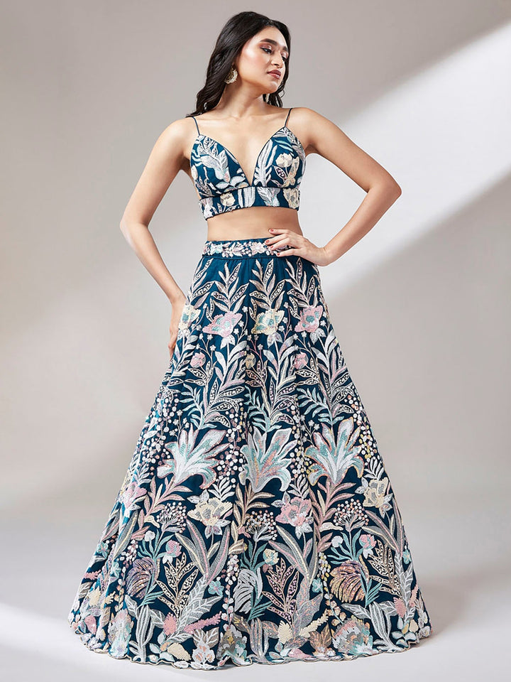 Teal Blue Sequins Net Designer Lehenga Choli With Dupatta