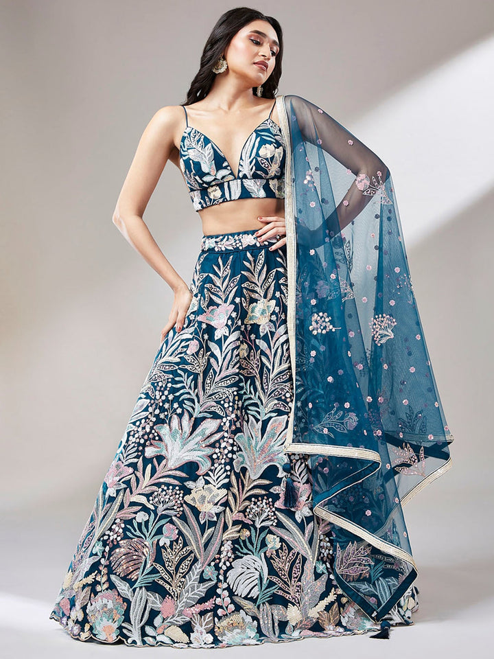 Teal Blue Sequins Net Designer Lehenga Choli With Dupatta