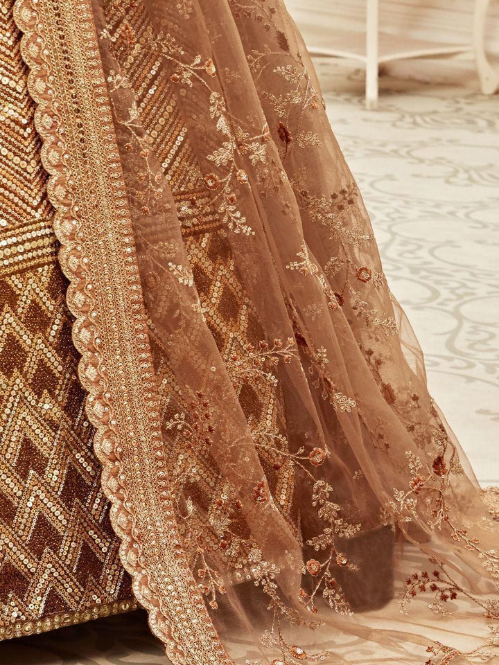 Outstanding Brown Embroidered Slub Silk Wedding Wear Lehenga Choli