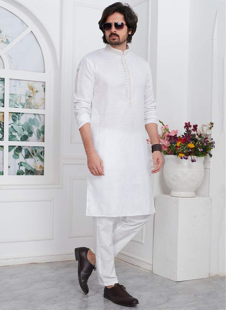 Linen Cotton White Traditional Wear Thread Work Kurta Pajama