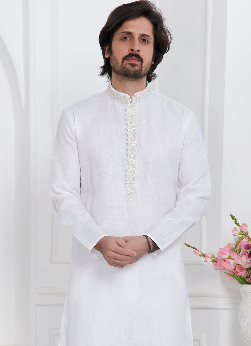 Linen Cotton White Traditional Wear Thread Work Kurta Pajama
