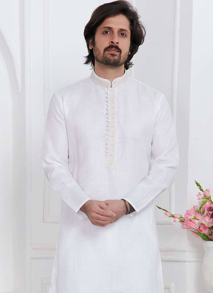 Linen Cotton White Traditional Wear Thread Work Kurta Pajama