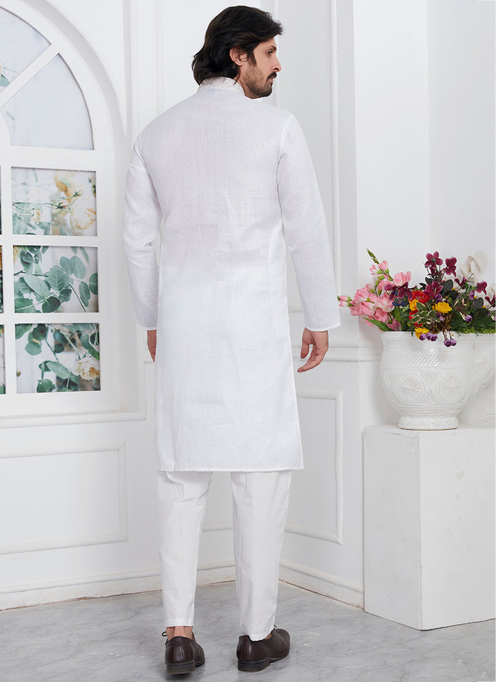 Linen Cotton White Traditional Wear Thread Work Kurta Pajama