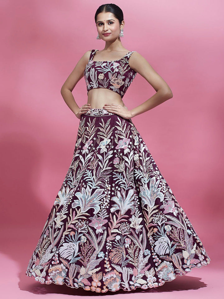 Wine Sequins Net Engagement Wear Lehenga Choli