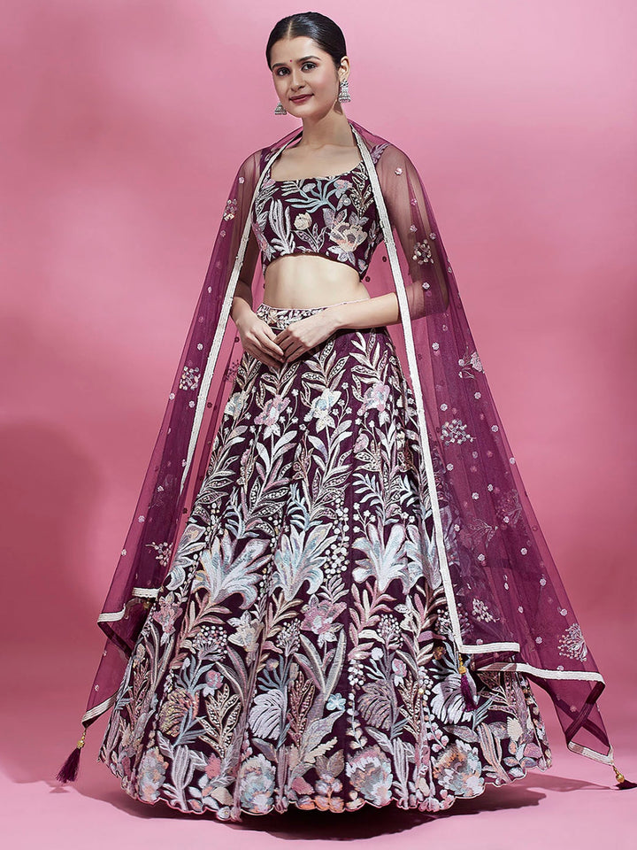 Wine Sequins Net Engagement Wear Lehenga Choli