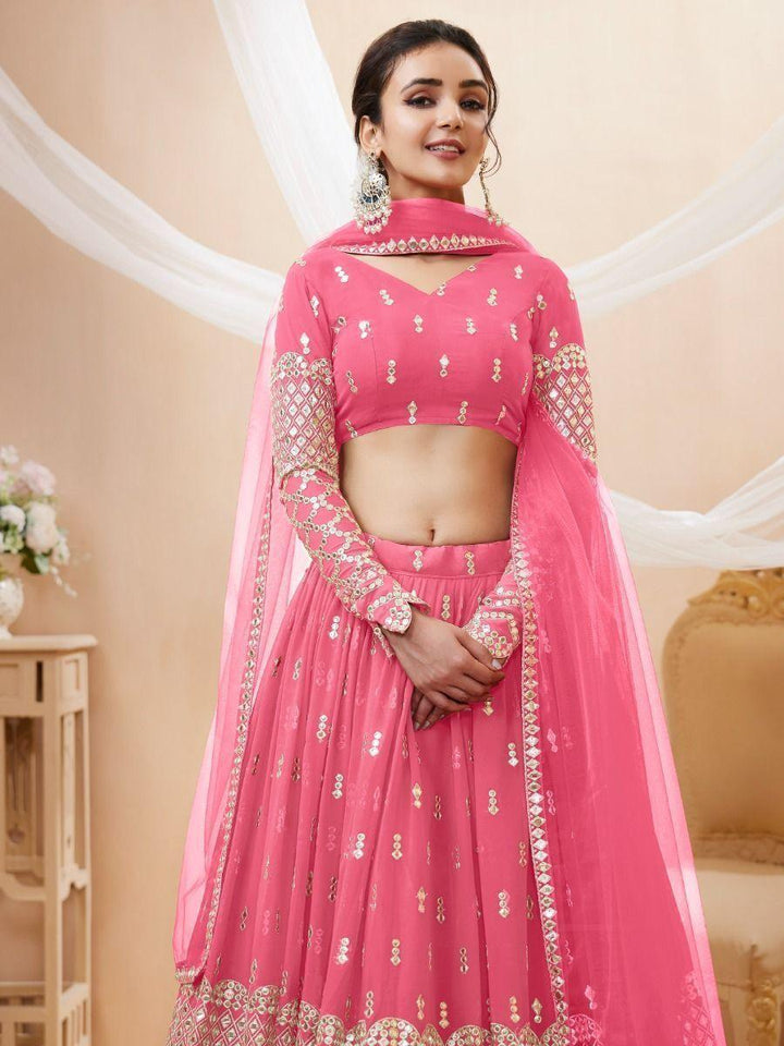 Alluring Pink Sequins Georgette Bridesmaid Lehenga Choli With Dupatta
