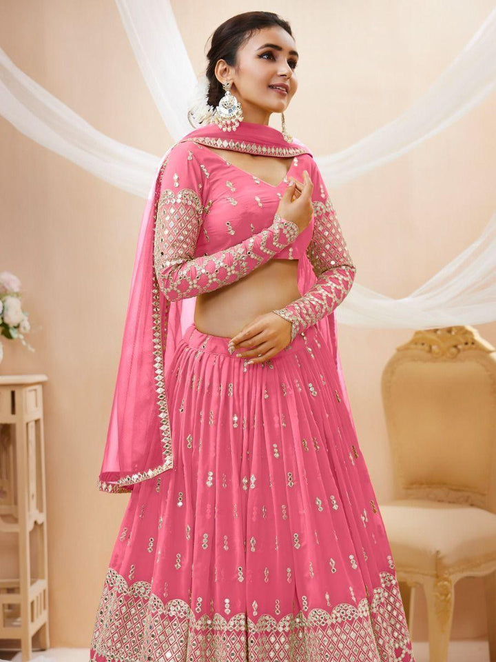 Alluring Pink Sequins Georgette Bridesmaid Lehenga Choli With Dupatta
