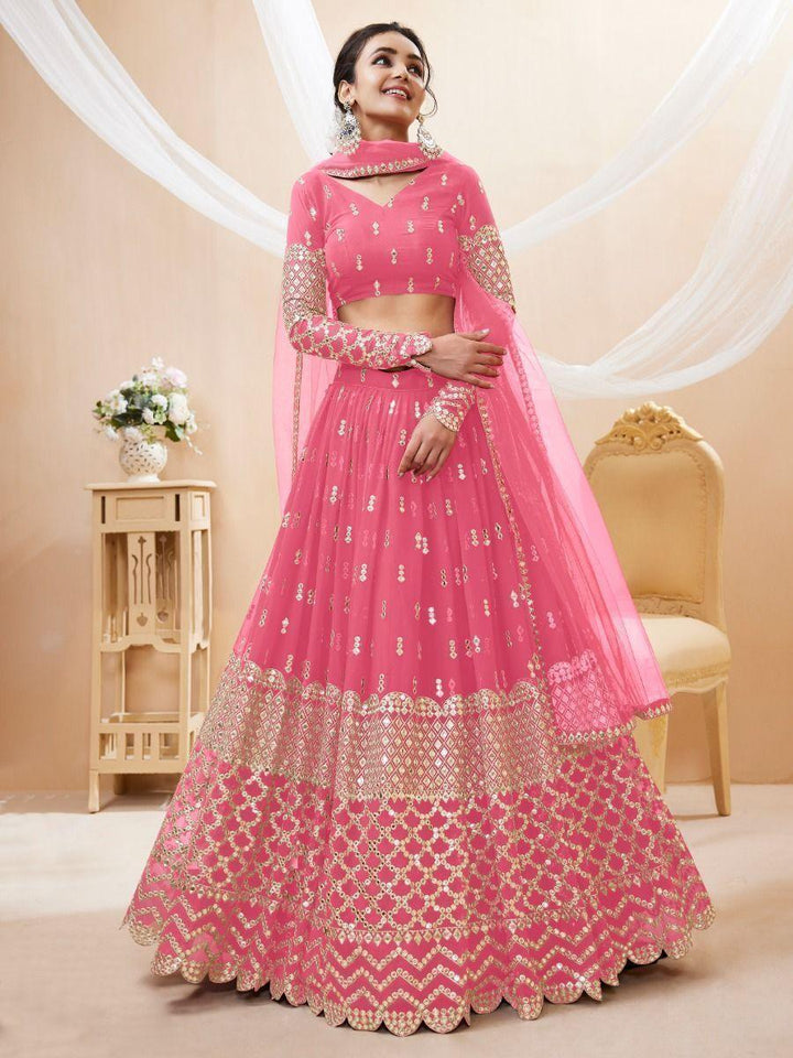 Pink Sequins Georgette Bridesmaid Lehenga Choli With Dupatta