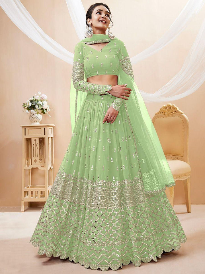 Pista Green Sequins Georgette Reception Wear Lehenga Choli