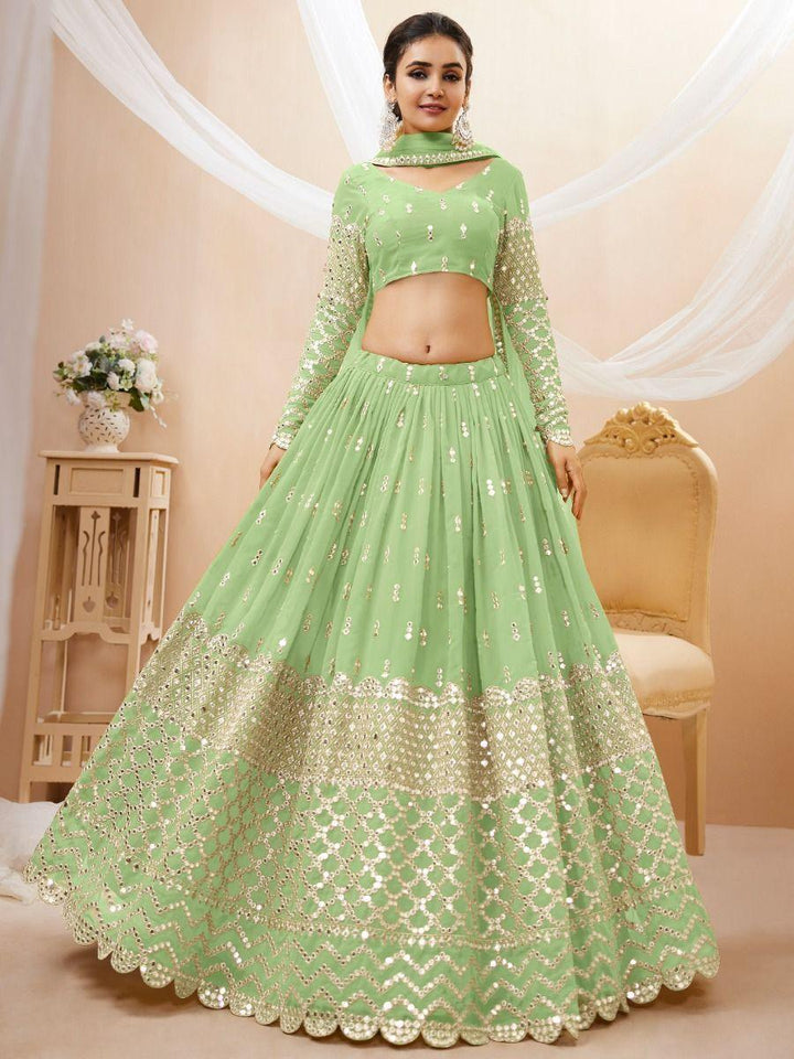 Pista Green Sequins Georgette Reception Wear Lehenga Choli