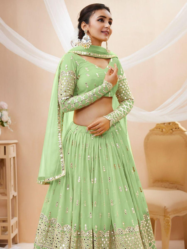 Pista Green Sequins Georgette Reception Wear Lehenga Choli