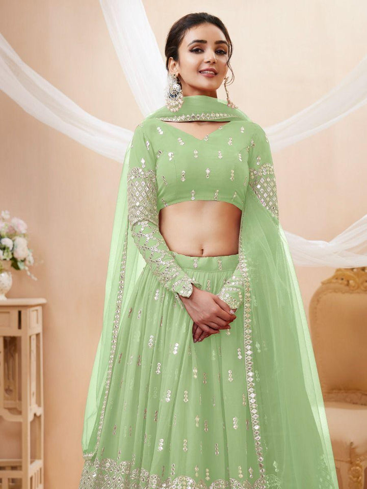 Pista Green Sequins Georgette Reception Wear Lehenga Choli