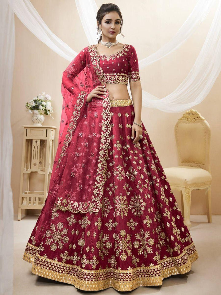 Red Zari Work Art Silk Wedding Wear Lehenga Choli