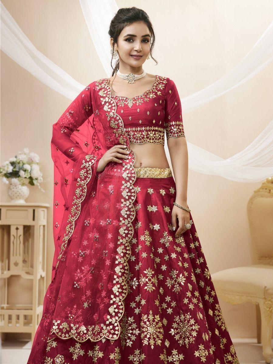 Red Zari Work Art Silk Wedding Wear Lehenga Choli