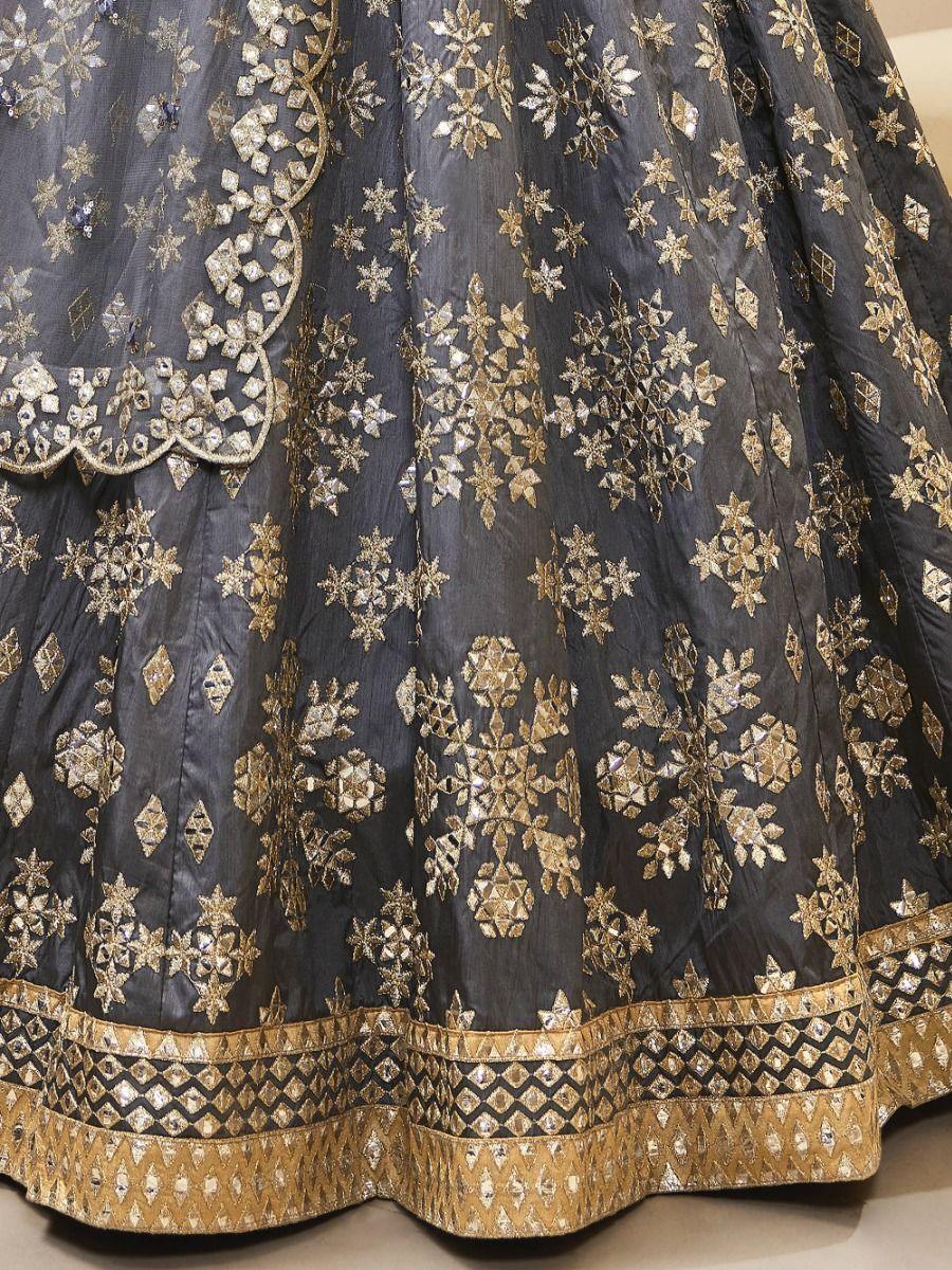 Grey Paper Mirror Work Art Silk Reception Wear Lehenga Choli
