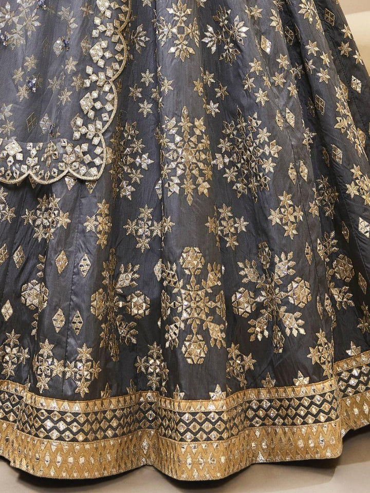 Grey Paper Mirror Work Art Silk Reception Wear Lehenga Choli