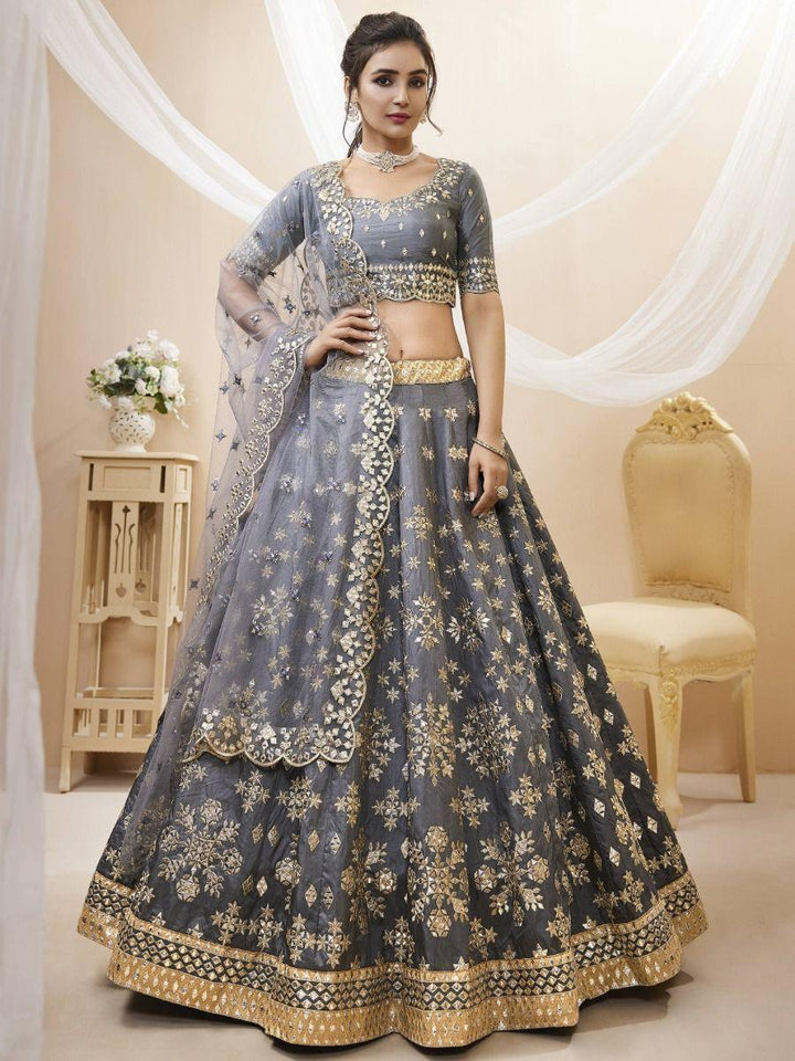 Grey Paper Mirror Work Art Silk Reception Wear Lehenga Choli