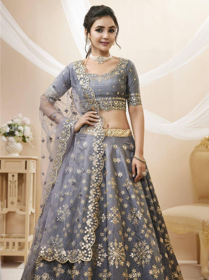 Grey Paper Mirror Work Art Silk Reception Wear Lehenga Choli