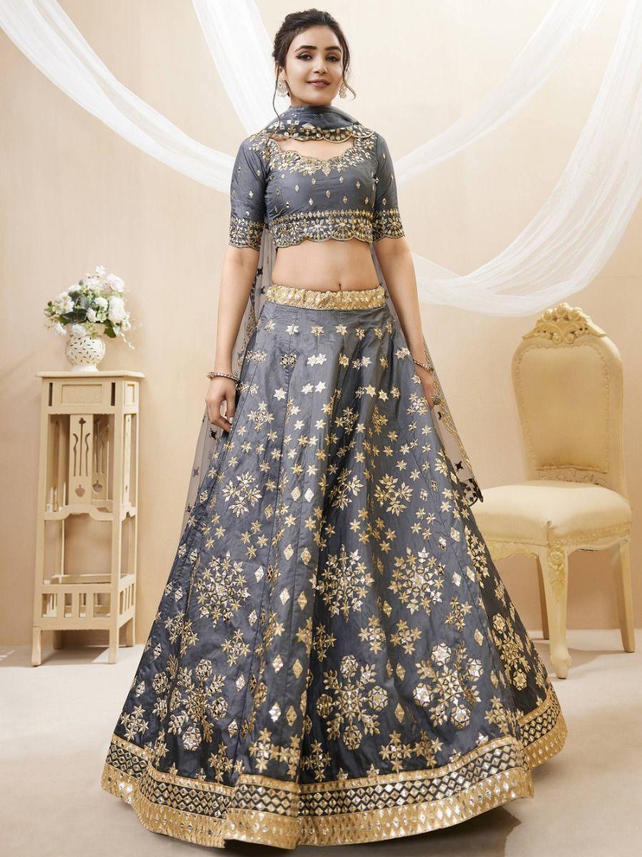 Grey Paper Mirror Work Art Silk Reception Wear Lehenga Choli