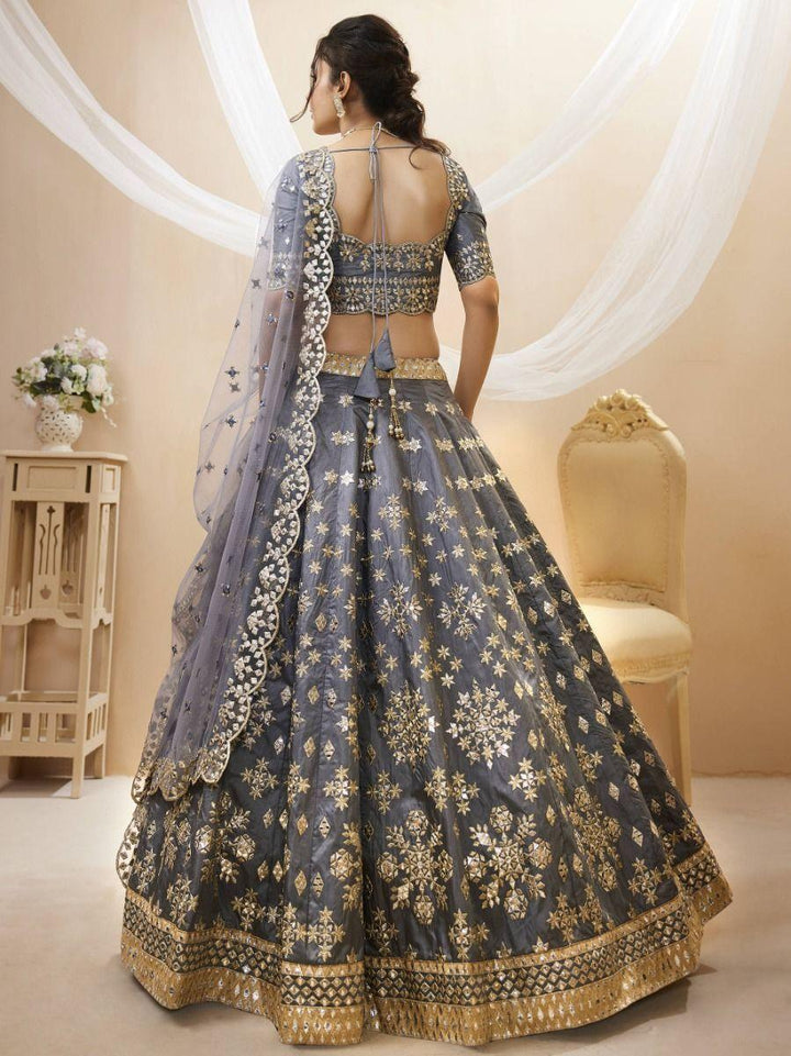 Grey Paper Mirror Work Art Silk Reception Wear Lehenga Choli