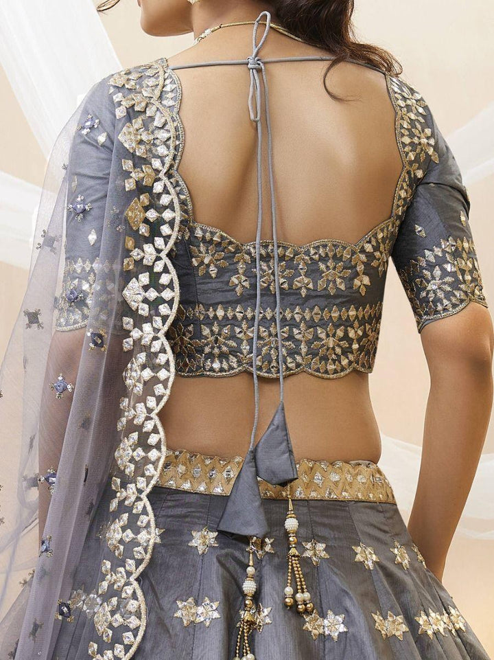 Grey Paper Mirror Work Art Silk Reception Wear Lehenga Choli