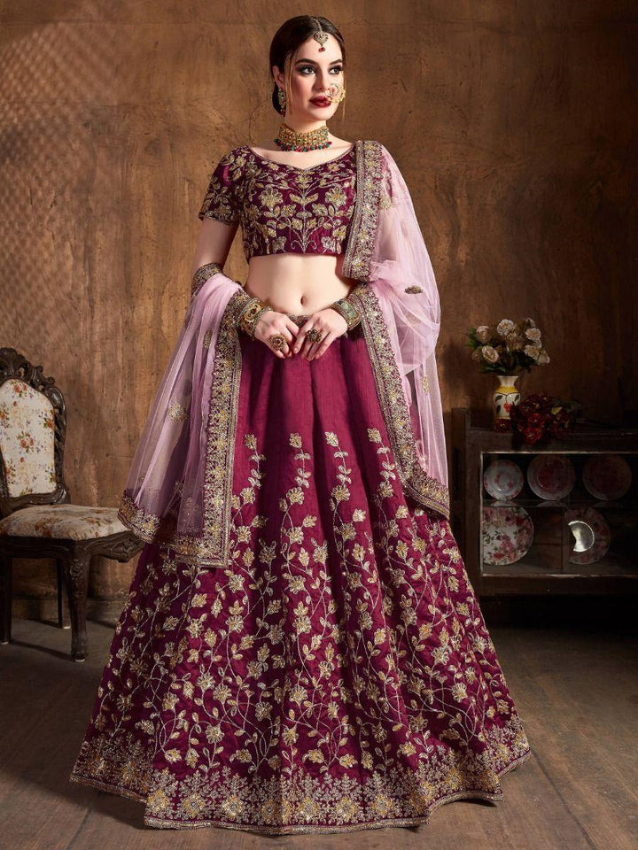 Maroon Sequins Raw Silk Lehenga Choli With Soft Net Dupatta