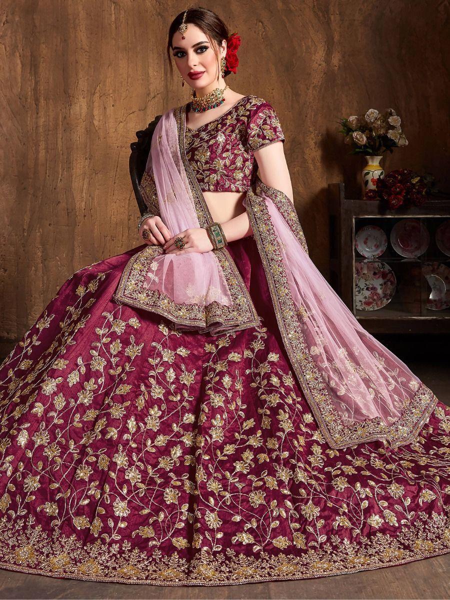 Stunning Maroon Sequins Raw Silk Lehenga Choli With Soft Net Dupatta