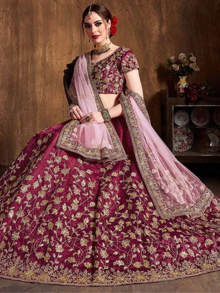 Stunning Maroon Sequins Raw Silk Lehenga Choli With Soft Net Dupatta