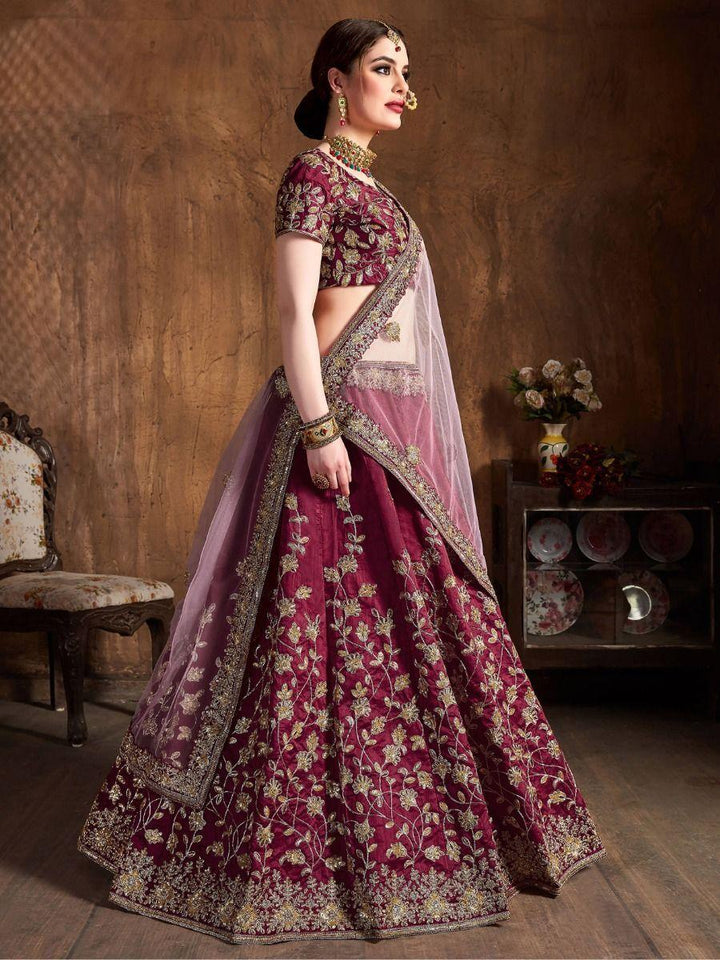 Maroon Sequins Raw Silk Lehenga Choli With Soft Net Dupatta